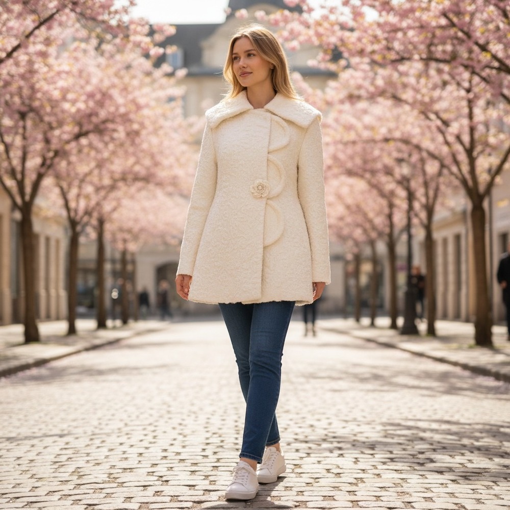 D'zzit Textured Floral Scalloped Trim Coat XS